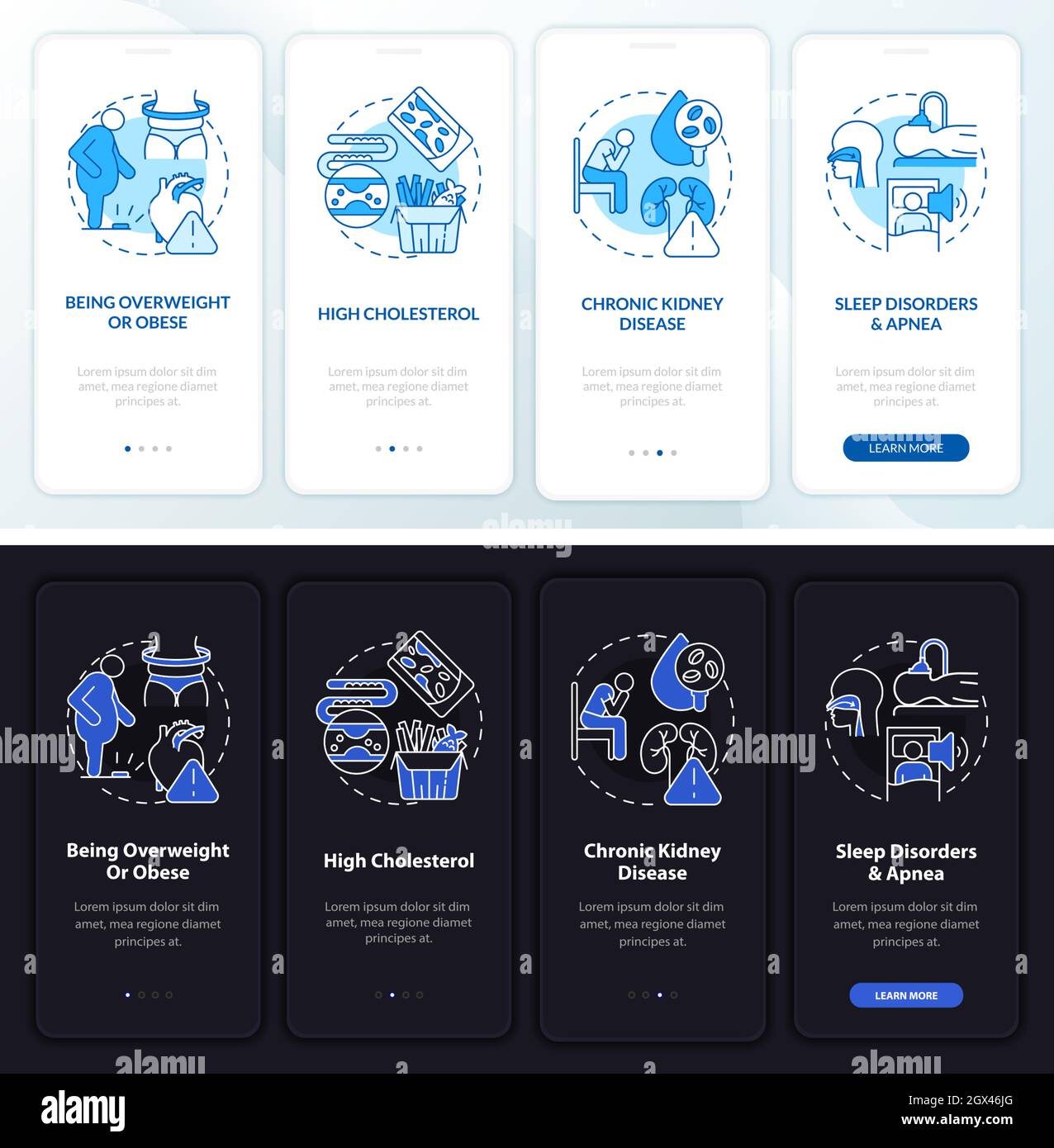 Hypertension causes onboarding mobile app page screen Stock Vector