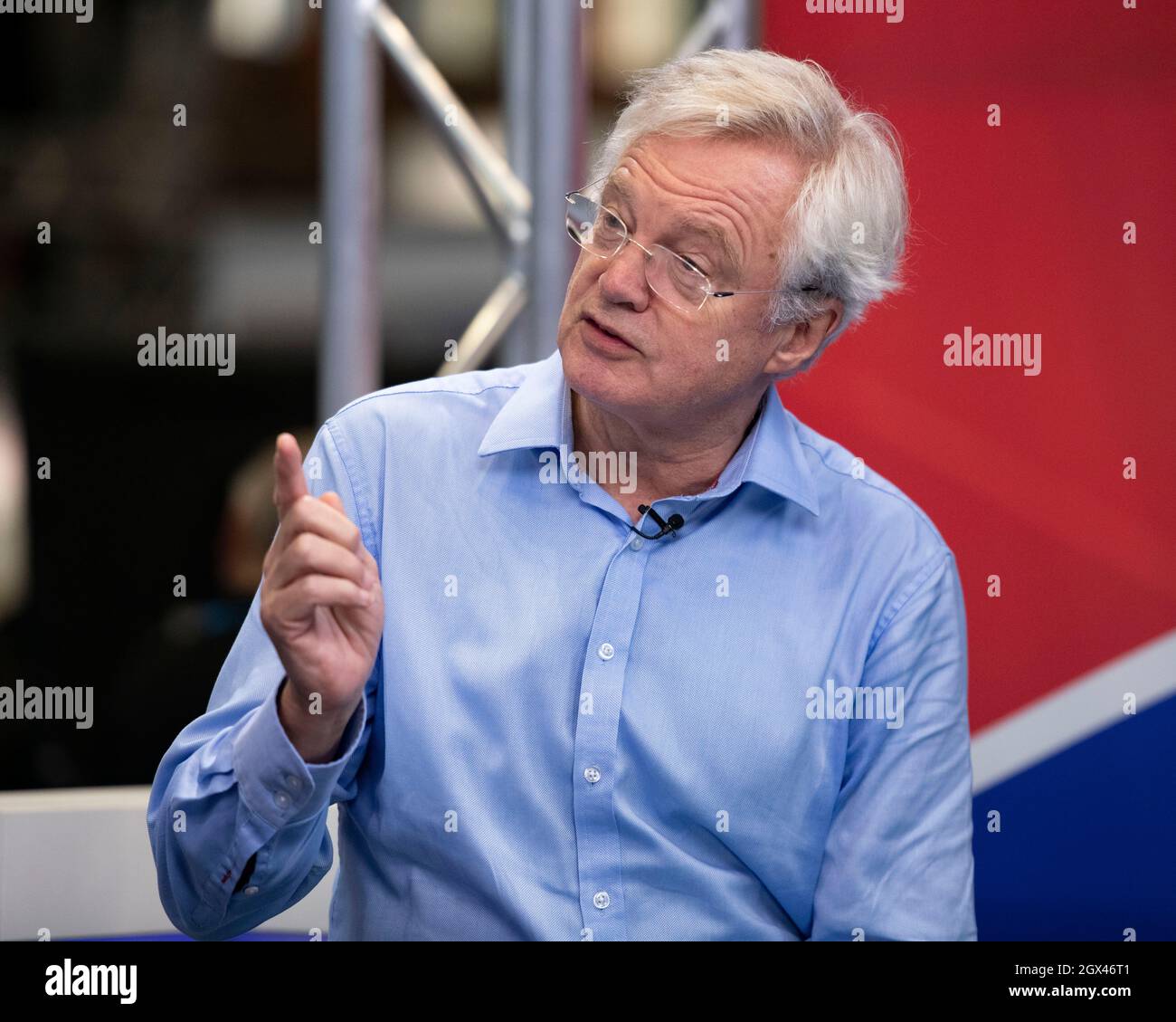 Manchester, England, UK. 4th Oct, 2021. PICTURED: David Davis MP, Former Brexit Cabinet Secretary speaking live on GB News. Scenes from the morning at the Conservative Party Conference Credit: Colin Fisher/Alamy Live News Stock Photo