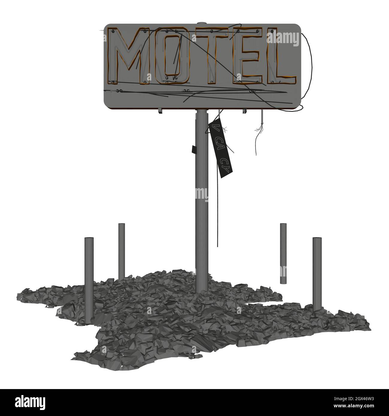 Destroyed signboard of a motel isolated on white background. 3D. Vector ...