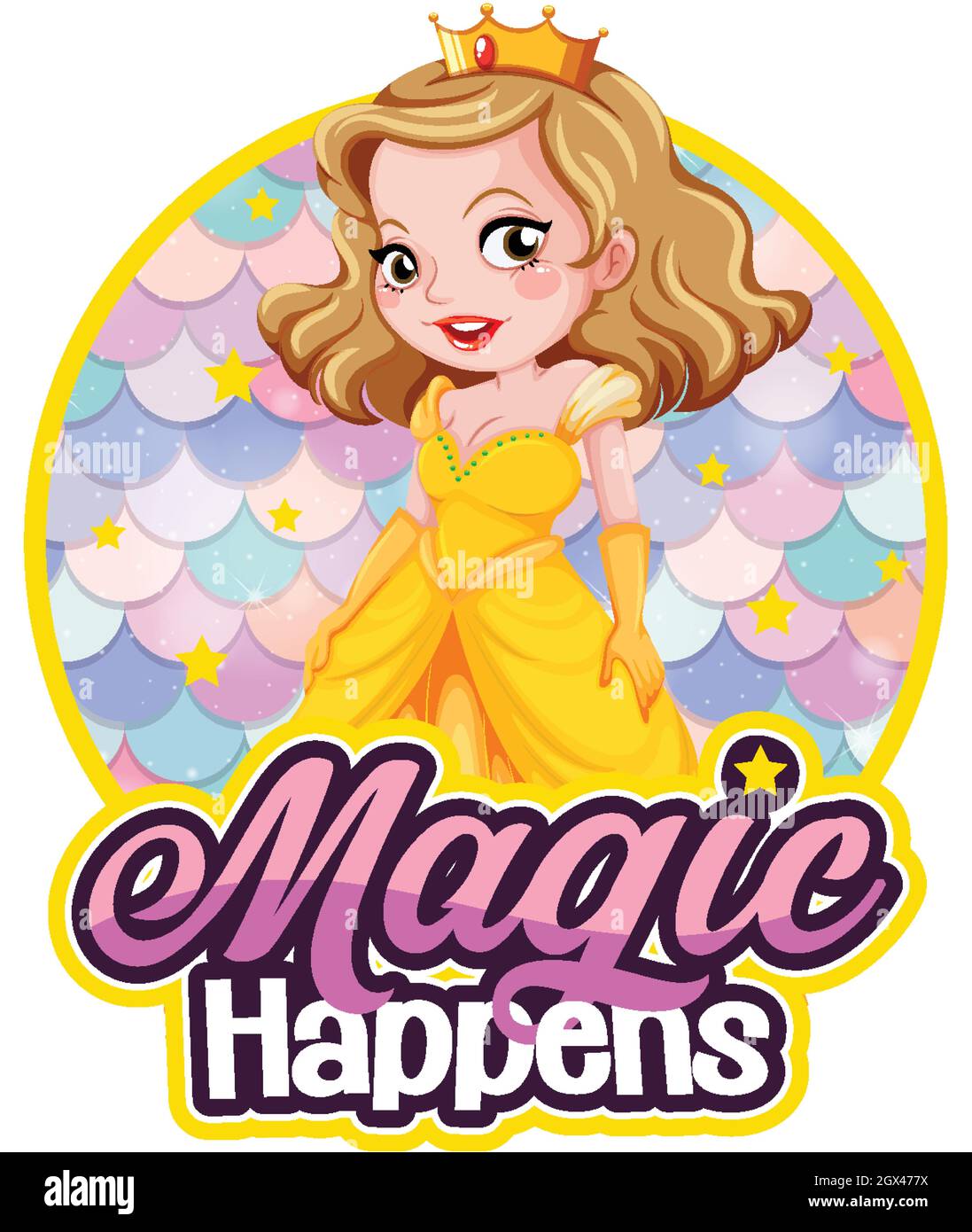 Princess cartoon character with Magic Happens font banner illustration  Stock Vector Image & Art - Alamy