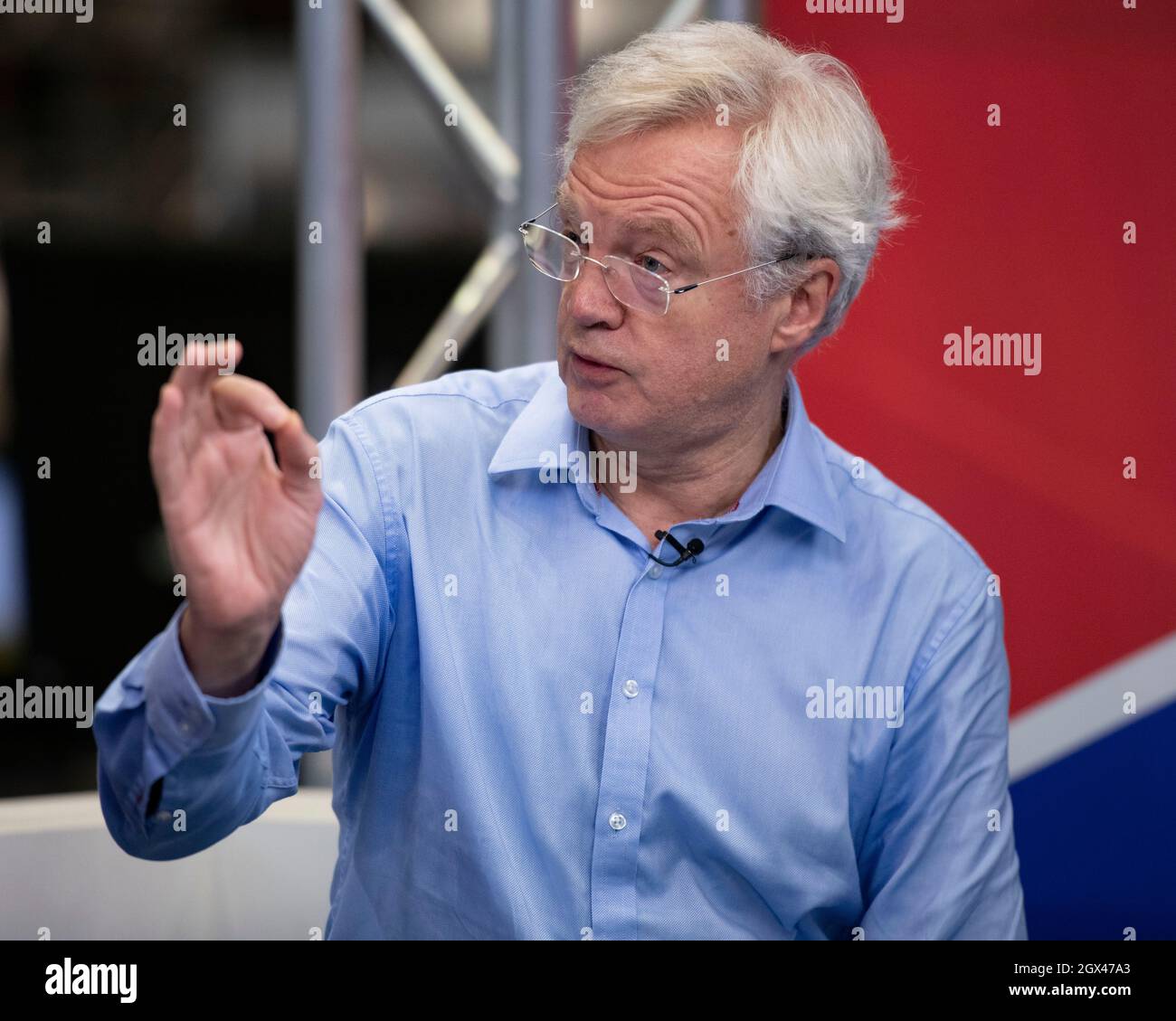 Manchester, England, UK. 4th Oct, 2021. PICTURED: David Davis MP, Former Brexit Cabinet Secretary speaking live on GB News. Scenes from the morning at the Conservative Party Conference Credit: Colin Fisher/Alamy Live News Stock Photo