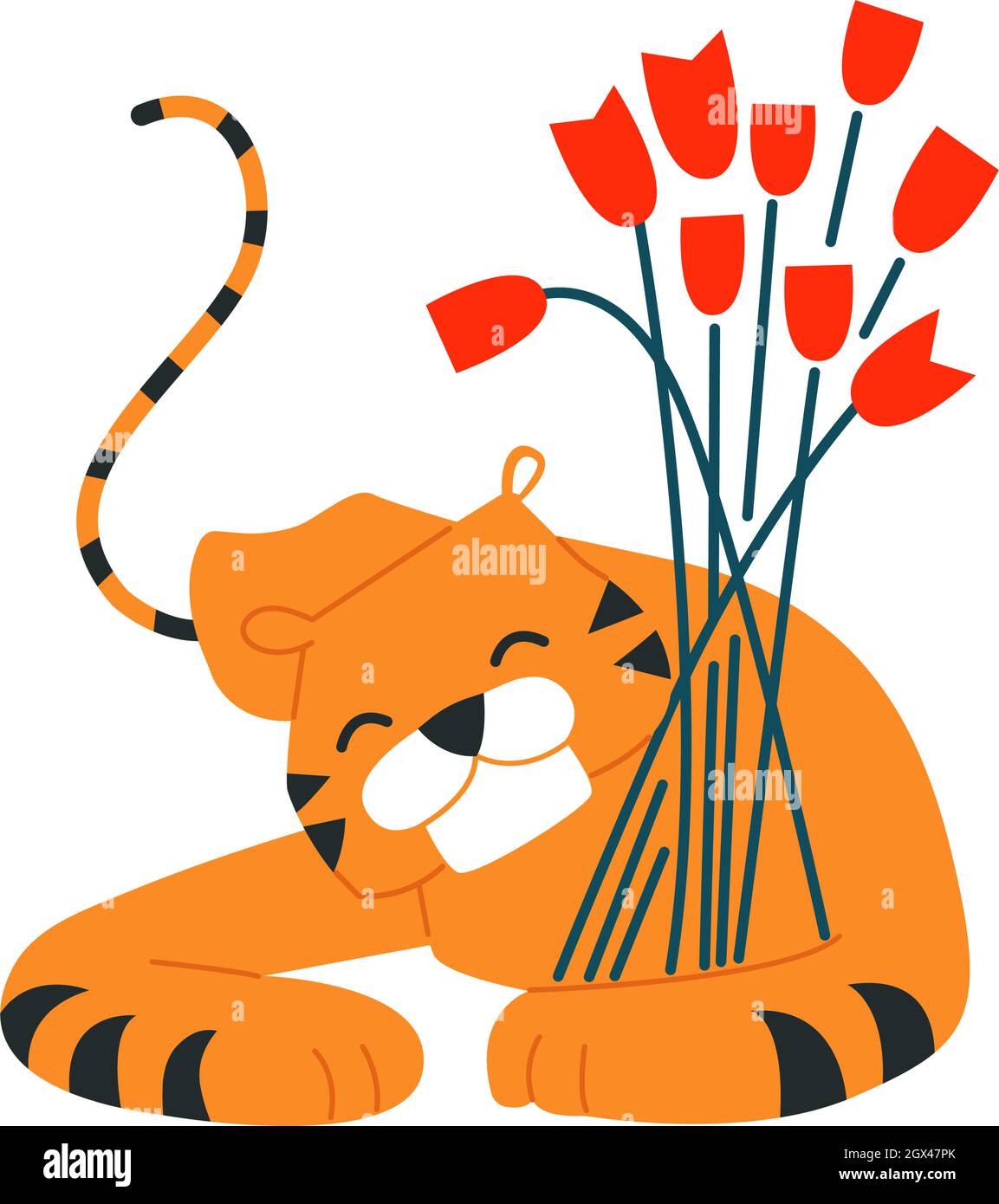 Cute cartoon tiger. Flowers. New Year 2022. Chinese horoscope. Vector
