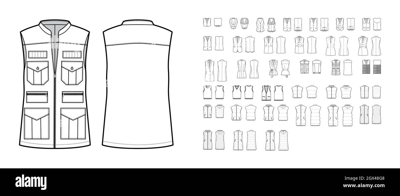 Set of vests waistcoat technical fashion illustration with sleeveless, pockets, fitted oversized body. Flat casual top apparel template front, back, white color style. Women, men, unisex CAD mockup Stock Vector