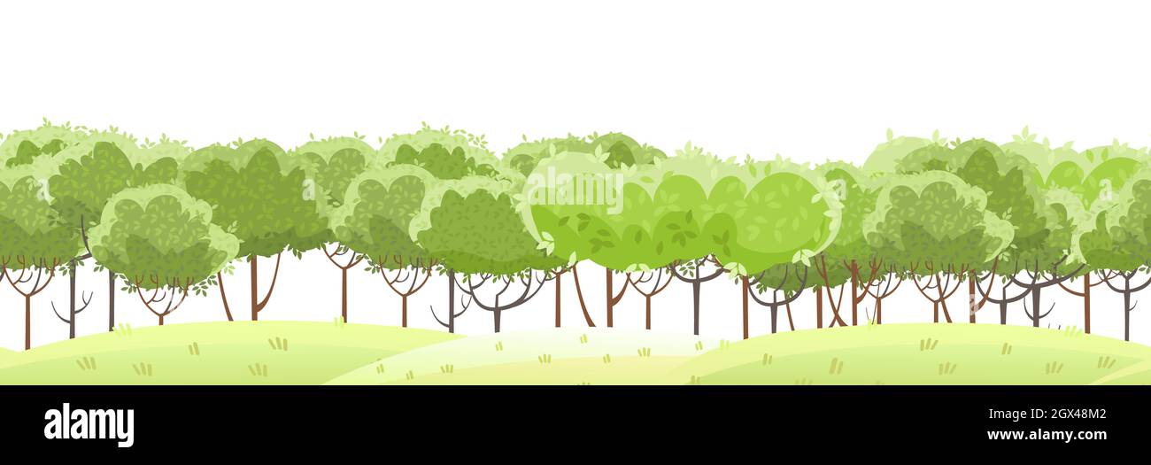 Thin young trees. Grassy green rural hills. Beautiful and graceful landscape. Isolated on white background. Flat style. Cartoon design. Seamless Stock Vector