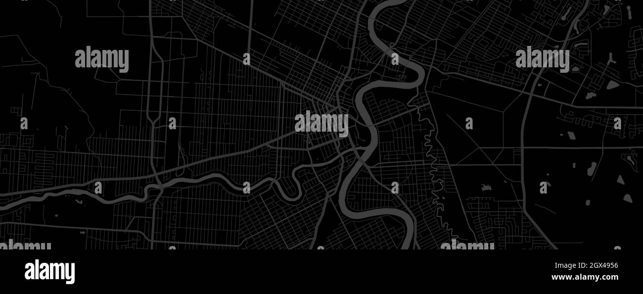 Dark black Winnipeg city area horizontal vector background map, streets and water cartography illustration. Widescreen proportion, digital flat design Stock Vector