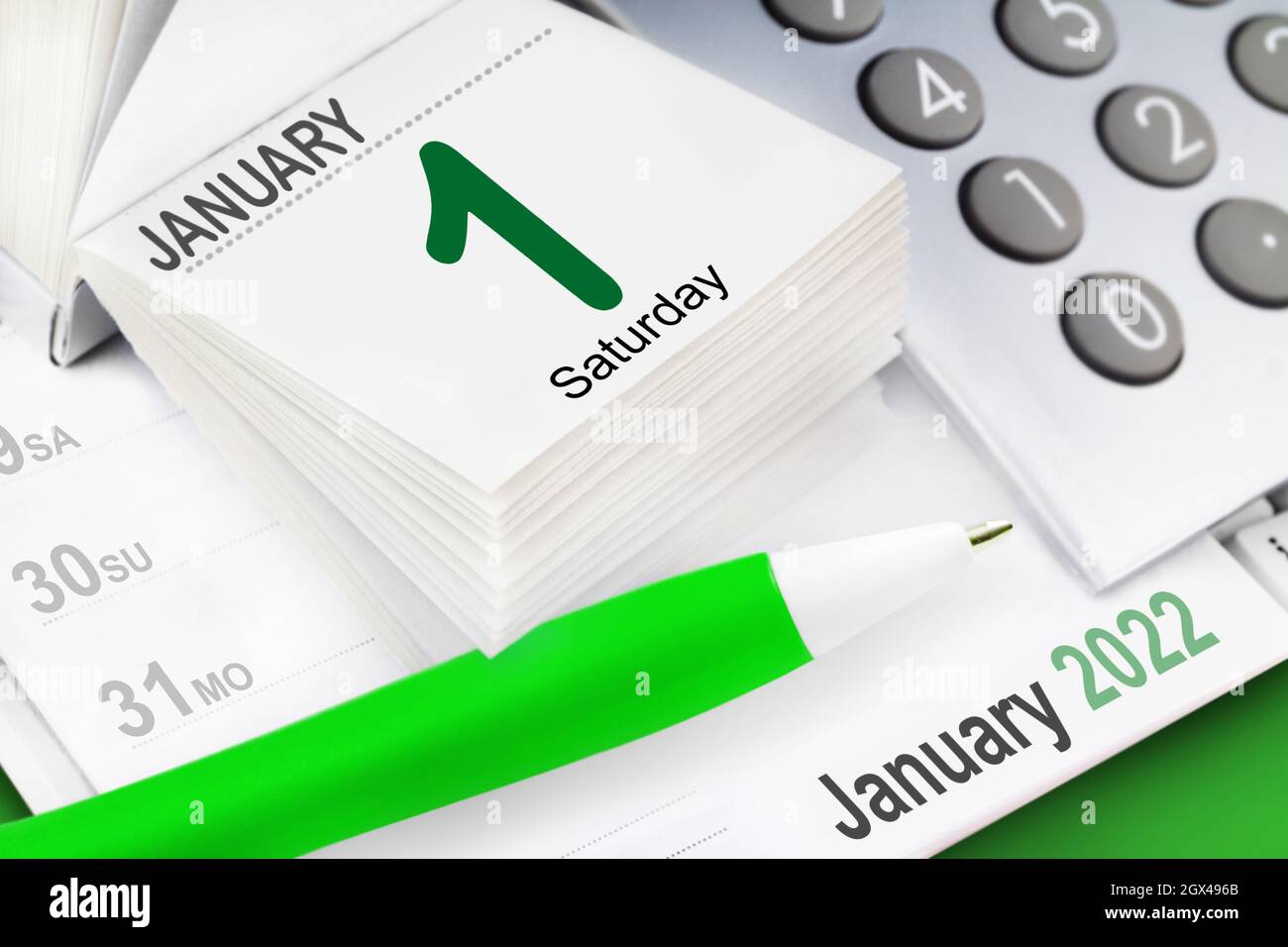 Calendar 2022 January 1 Saturday and green background Stock Photo - Alamy