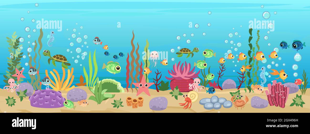 Bottom of reservoir with fish. Blue water. Sea ocean. Uorizontal. Underwater landscape with animals. plants, algae and corals. Illustration in cartoon Stock Vector