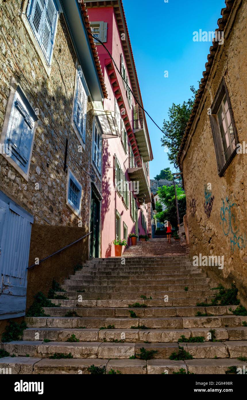 Beautiful decorated streets of Nafplion with traditional architectural ...