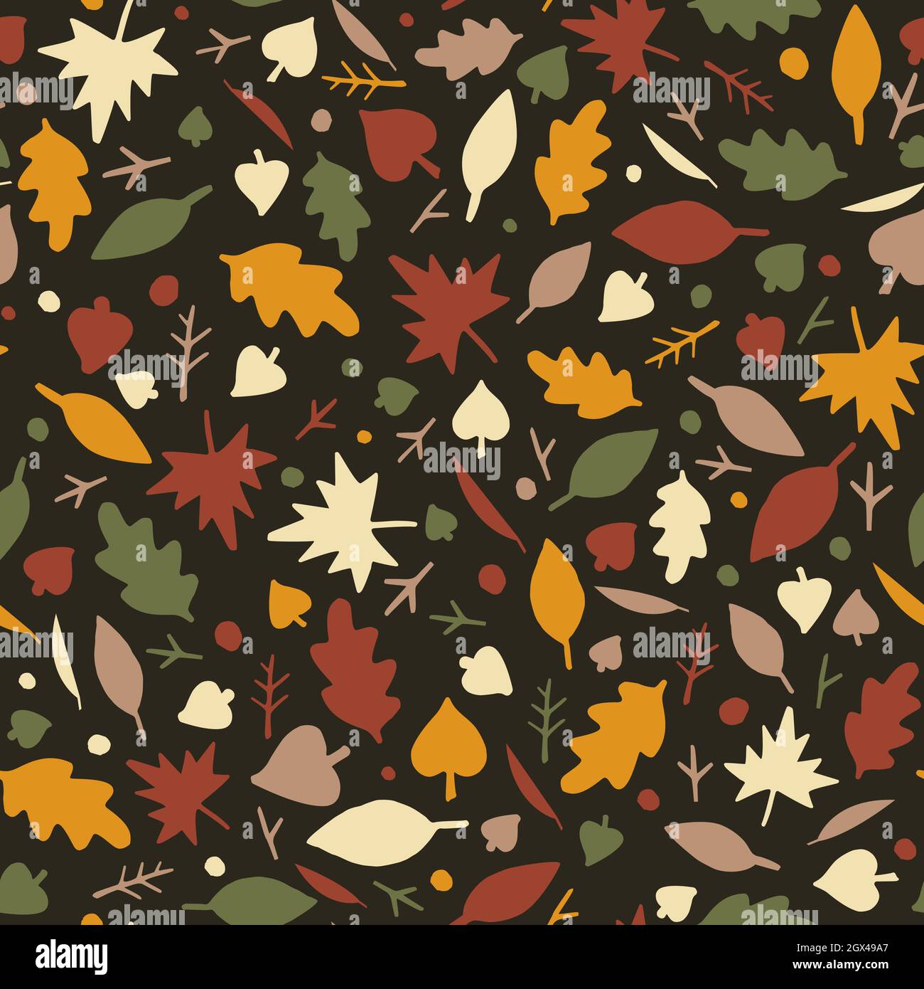 Lovely autumn leaves seamless pattern on dark background. Trendy doodle ...
