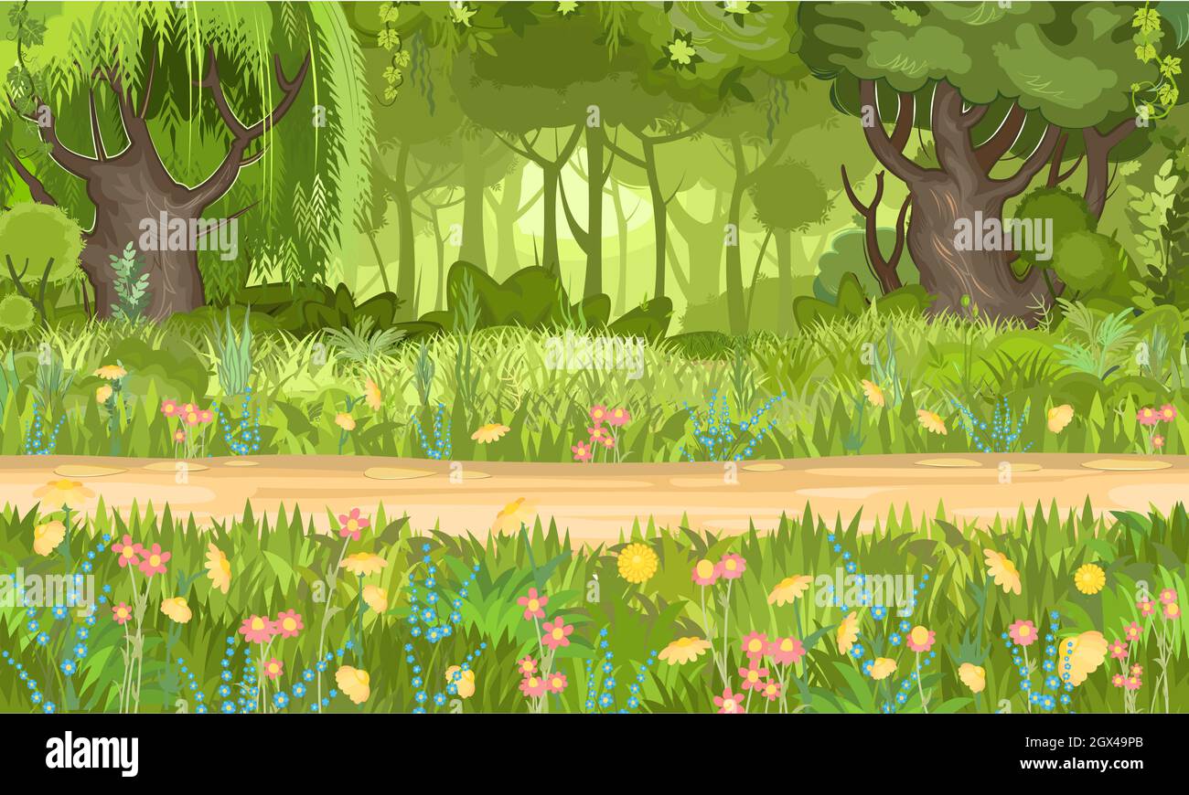 Forest road. Summer landscape. Dense foliage. Hills and green trees view. Meadow of a flower meadow. Cartoon flat style. Trunks of trees. Nature Stock Vector