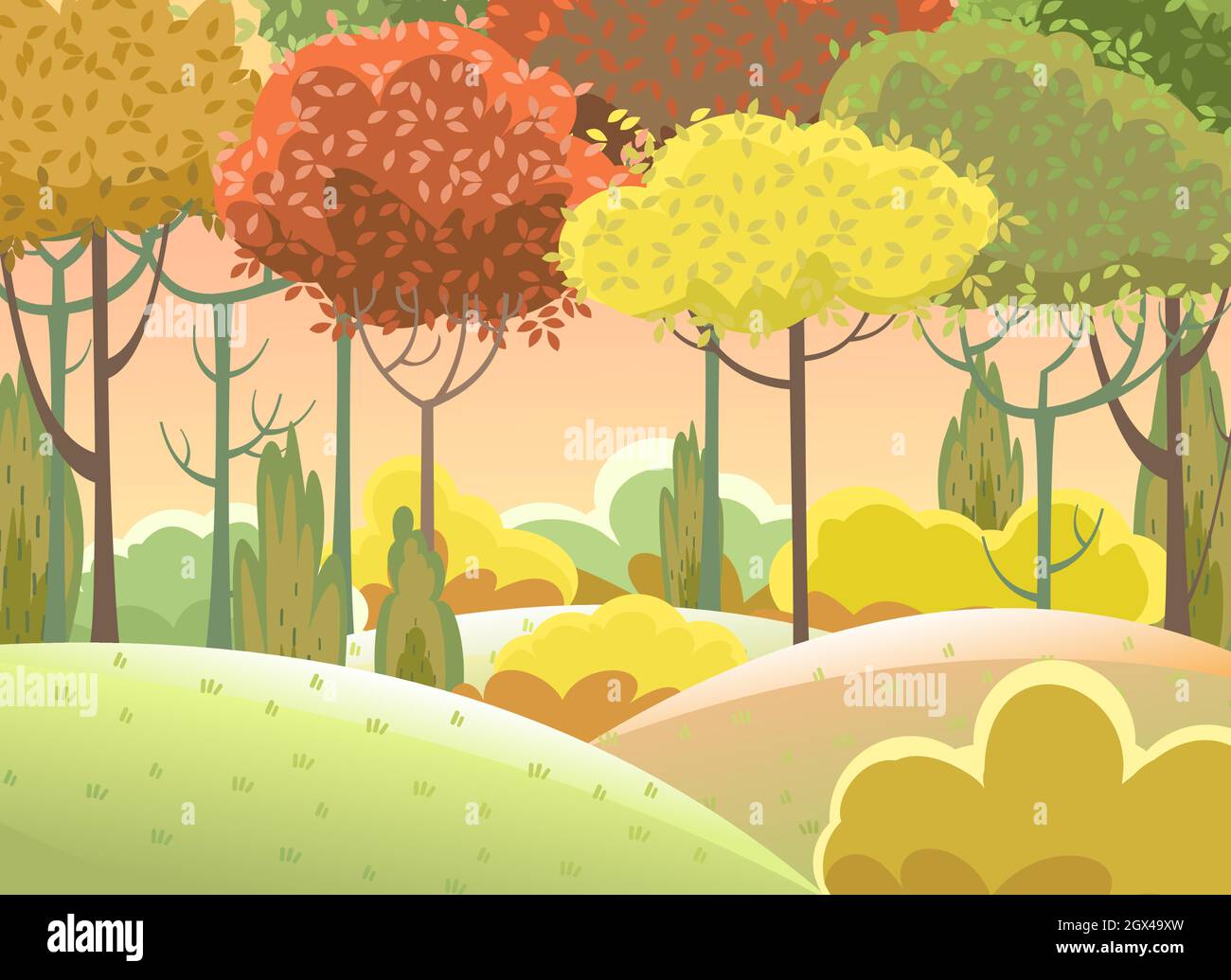 Forest. Funny beautiful autumn landscape. Cartoon style. Leaves. Hills with grass and red, yellow, orange trees. Cool romantic pretty. Flat design Stock Vector