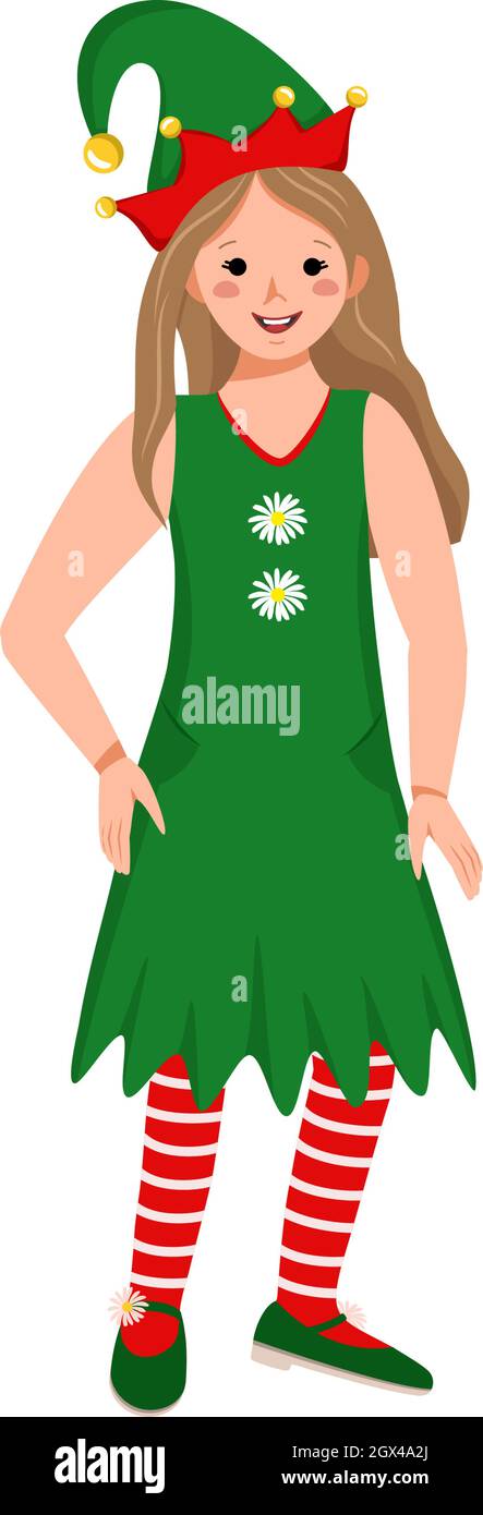Cute girl with happy face and eyes in festive elf costume for Christmas, New Year or holiday Stock Vector