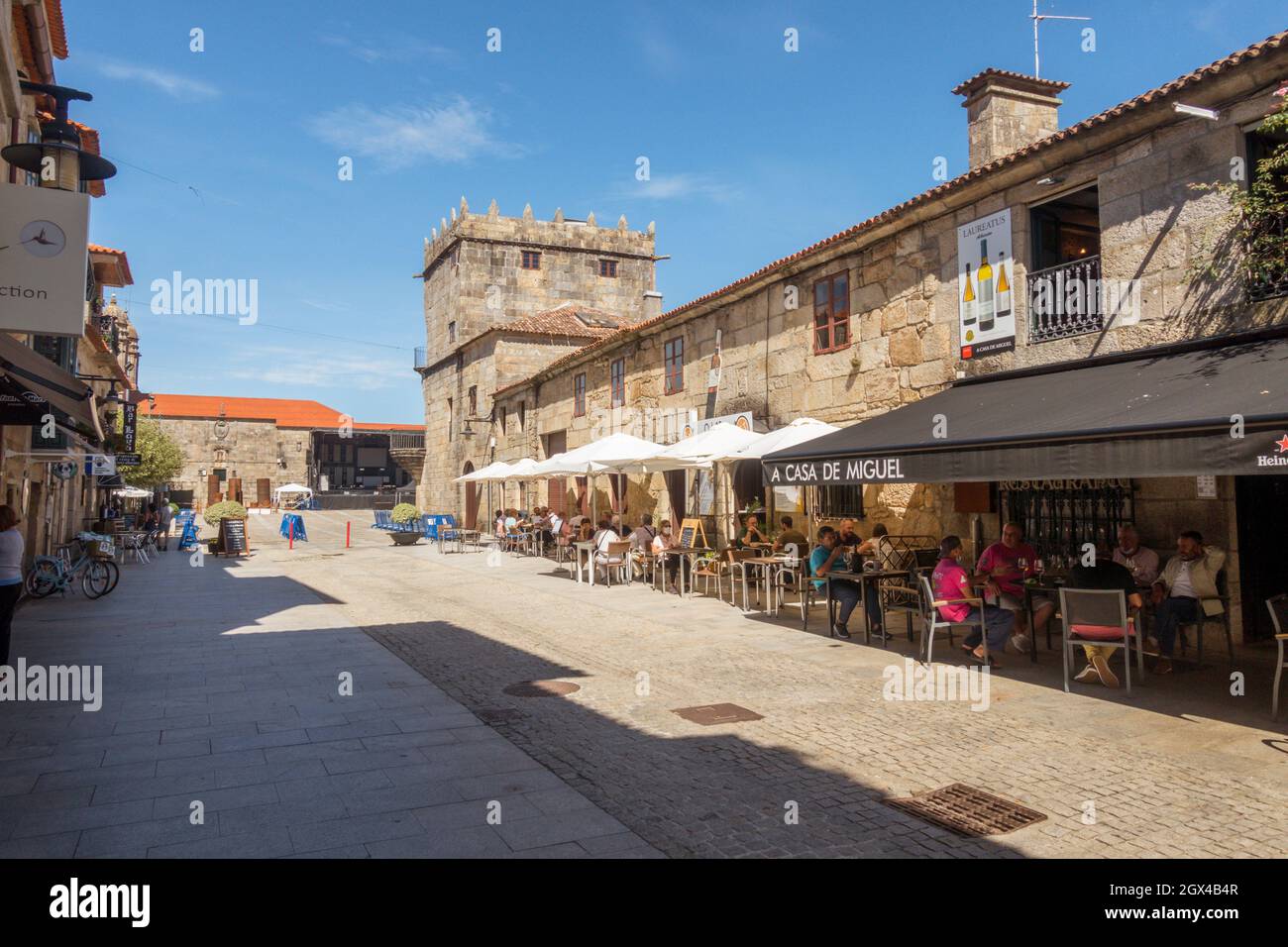 Cambados Spain. Old historic city centre main street, bars and