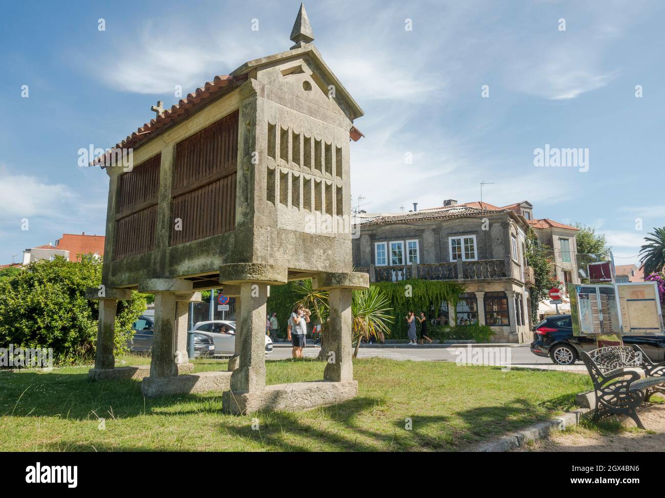 Typical old Galician granary (horreo) to protect fruits and corn harvest in the old town of Cambados, Pontevedra, Spain. Stock Photo