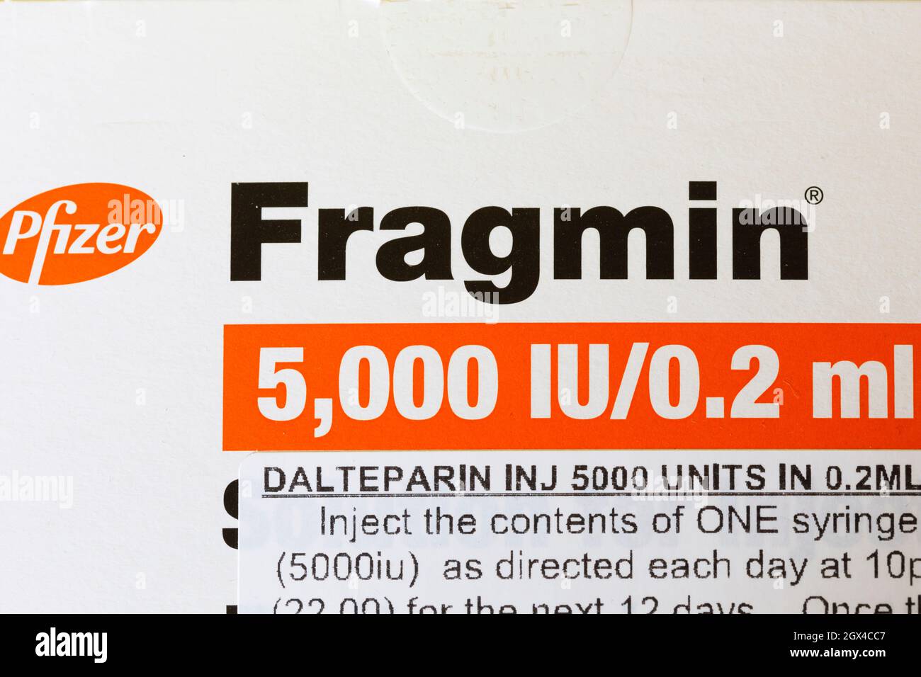 Box of Fragmin medication (Dalteparin) used as an anticoagulant or blood thinner Stock Photo