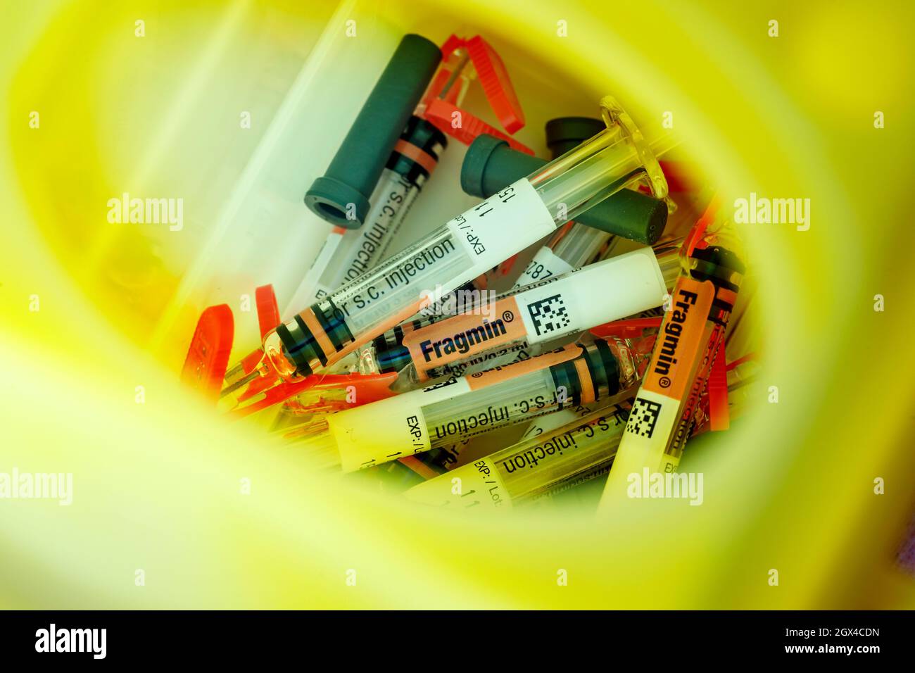 Used Fragmin syringes safely disposed of into a sharps box or sharpsafe