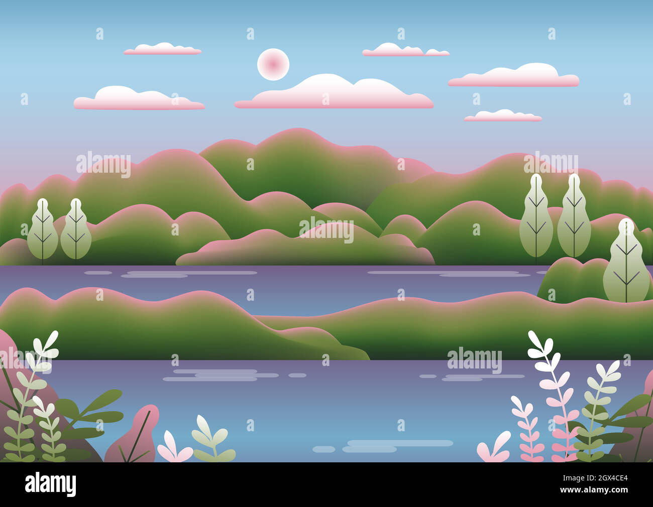 Hills landscape in flat style design. Beautiful field, meadow, mountains and sky. Rural location with valley, lake, river, hills, forest, trees. Green blue gradient colors. Cartoon background vector Stock Vector