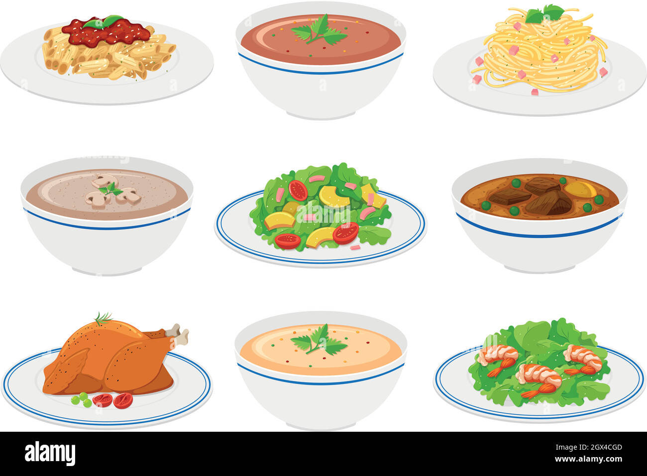 Different kinds of food on plates and bowls Stock Vector Image & Art