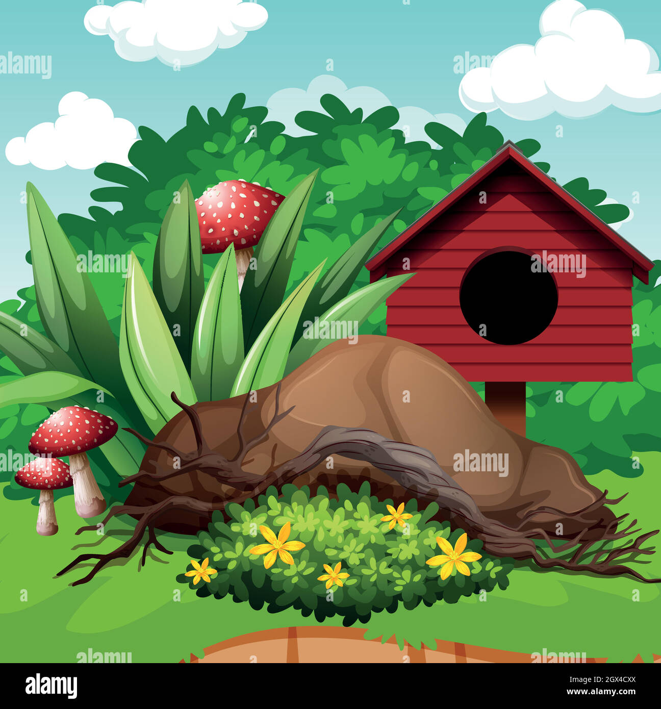 Garden scene with birdhouse and mushroom Stock Vector Image & Art - Alamy