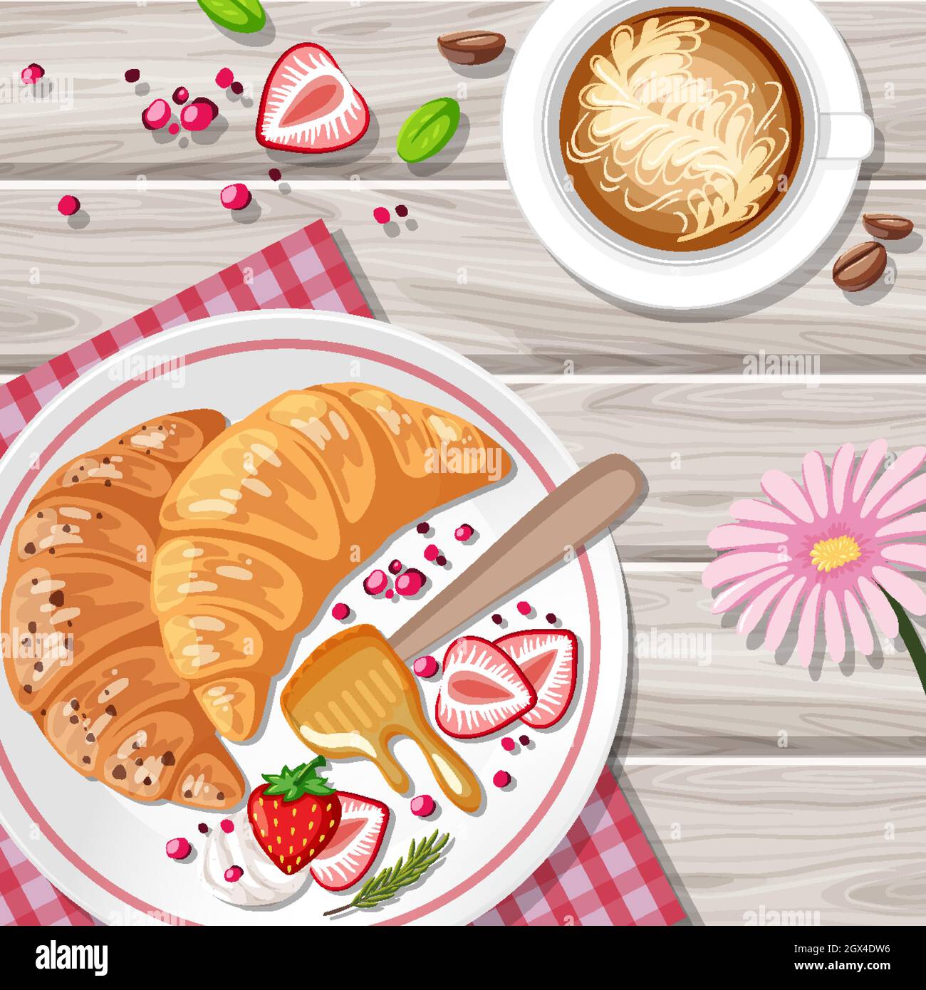 Breakfast croissant with fruits and a cup of coffee on the table ...