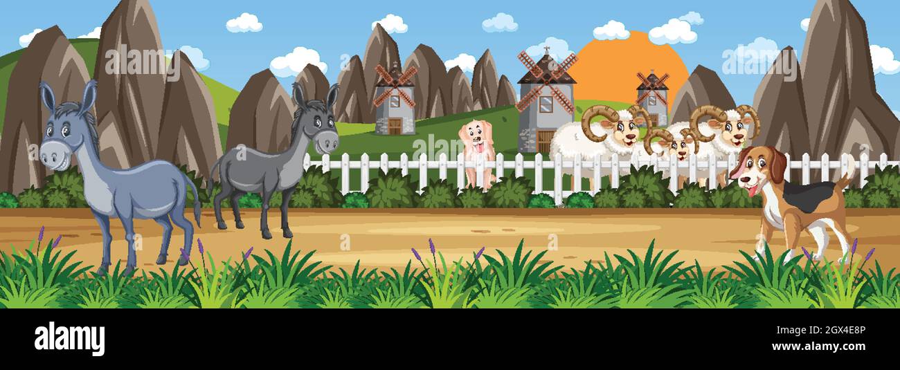 Panorama landscape scene with farm animals in the farm illustration ...