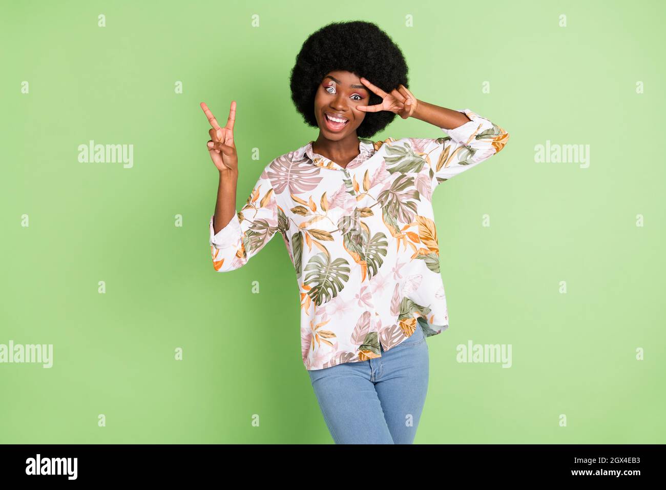 Photo Of Young Excited Afro Girl Happy Positive Smile Have Fun Show