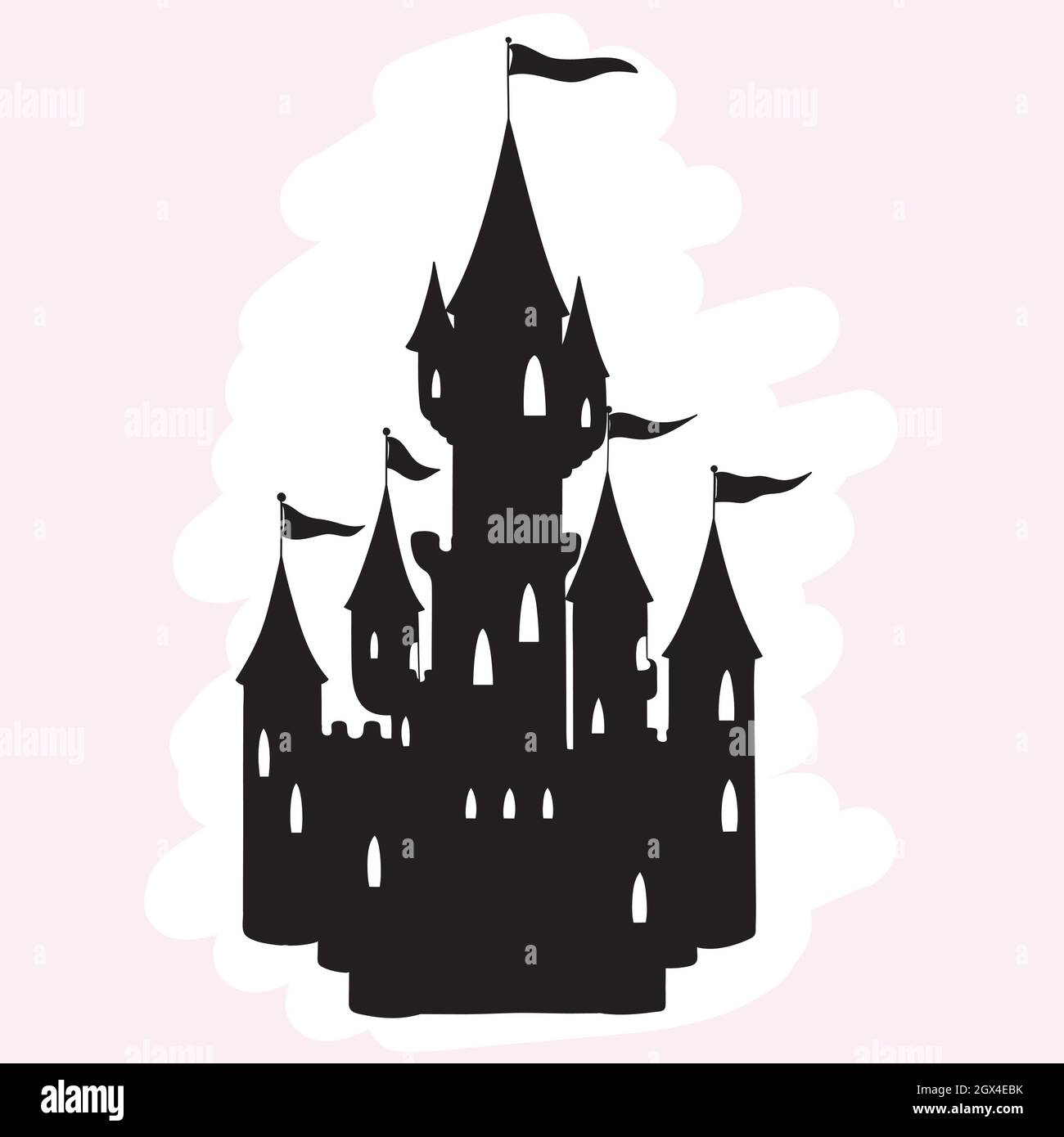 Hand Drawn Castle. Princess Royal Palace. Fairy tale illustration. Hearts, butterflies, flags, tower. Black cutout silhouette. Stock Vector