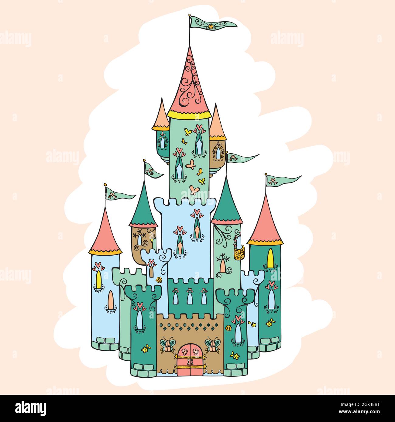Hand Drawn Castle. Princess Royal Palace. Fairy tale illustration. Hearts, butterflies, flags, tower. Colored doodles. Stock Vector