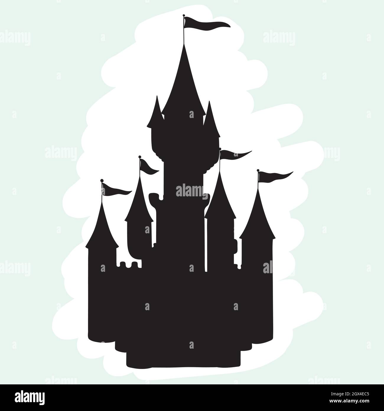 Hand Drawn Castle. Princess Royal Palace. Fairy tale illustration. Hearts, butterflies, flags, tower. Black silhouette. Stock Vector