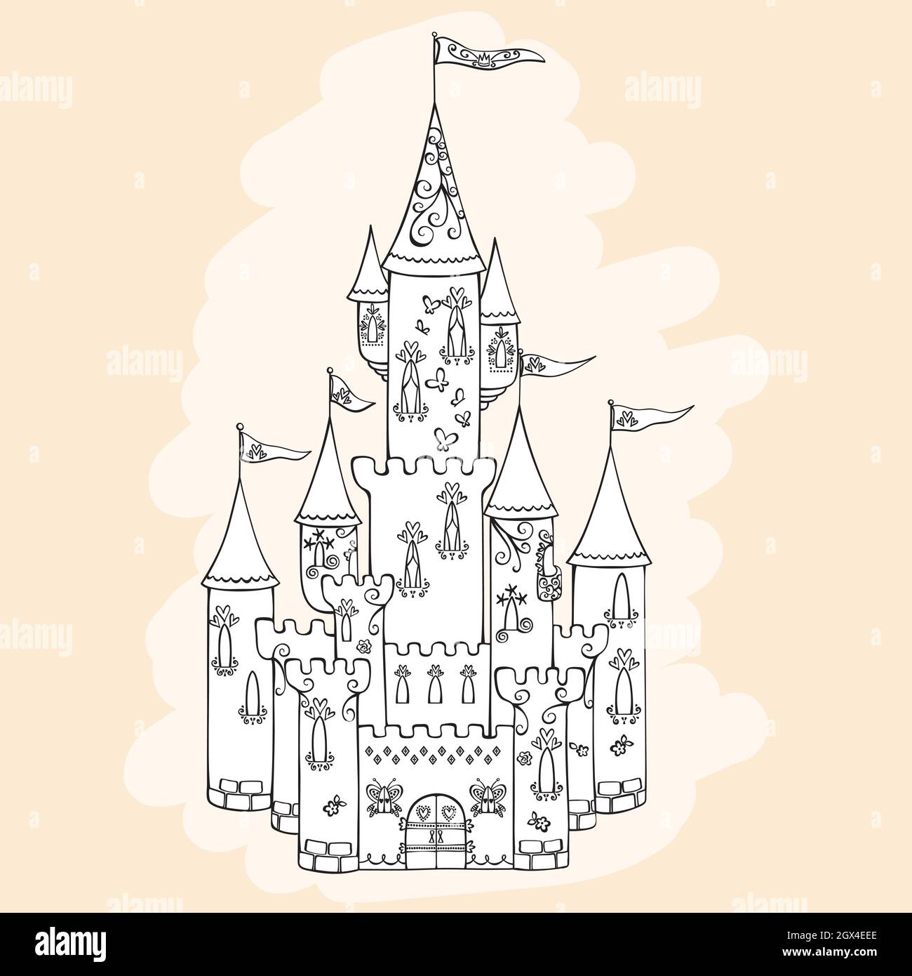 Hand Drawn Castle. Princess Royal Palace. Fairy tale illustration. Hearts, butterflies, flags, tower. Black and white. Stock Vector