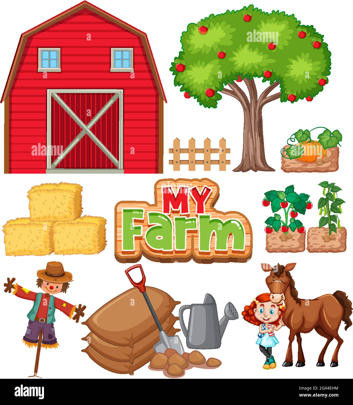 Farm set with barn and vegetables on white background Stock Vector