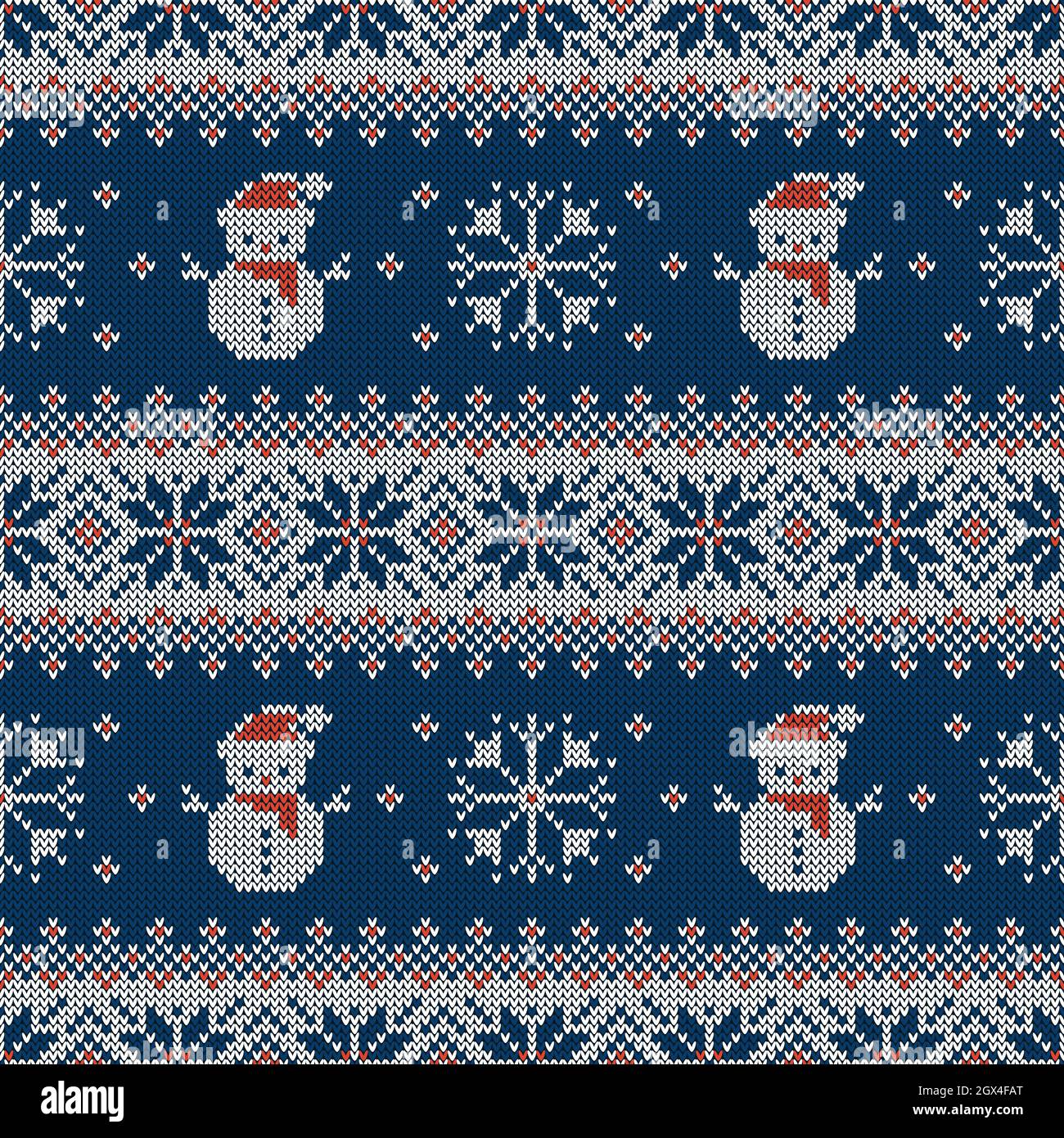 Knitted seamless pattern with snowman, snowflakes, and scandinavian ornament. Sweater background for Christmas, New Year or winter design. Vector Stock Vector