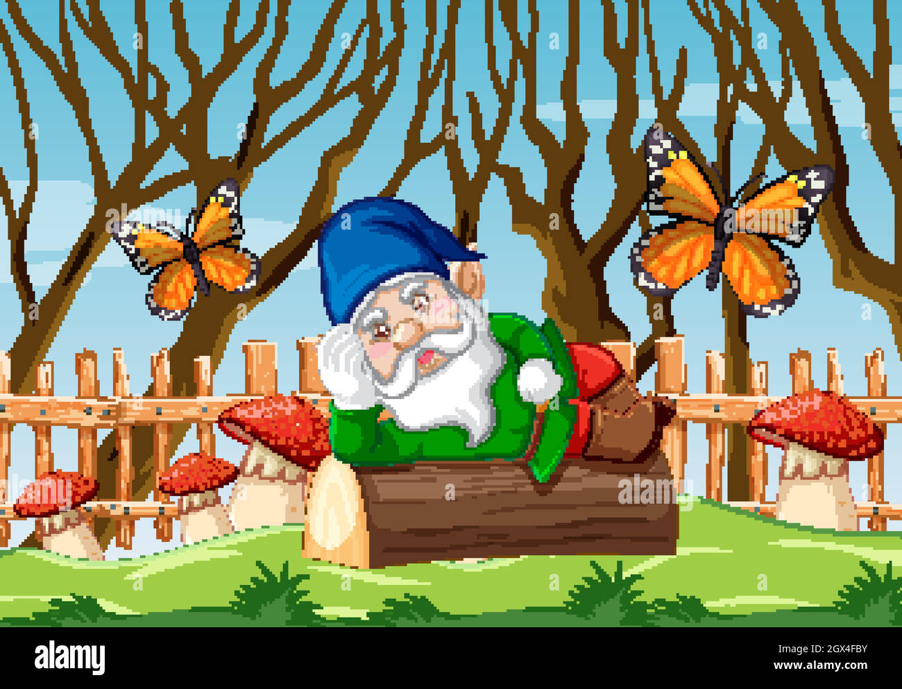 Gnome lying down on timber on garden background Stock Vector