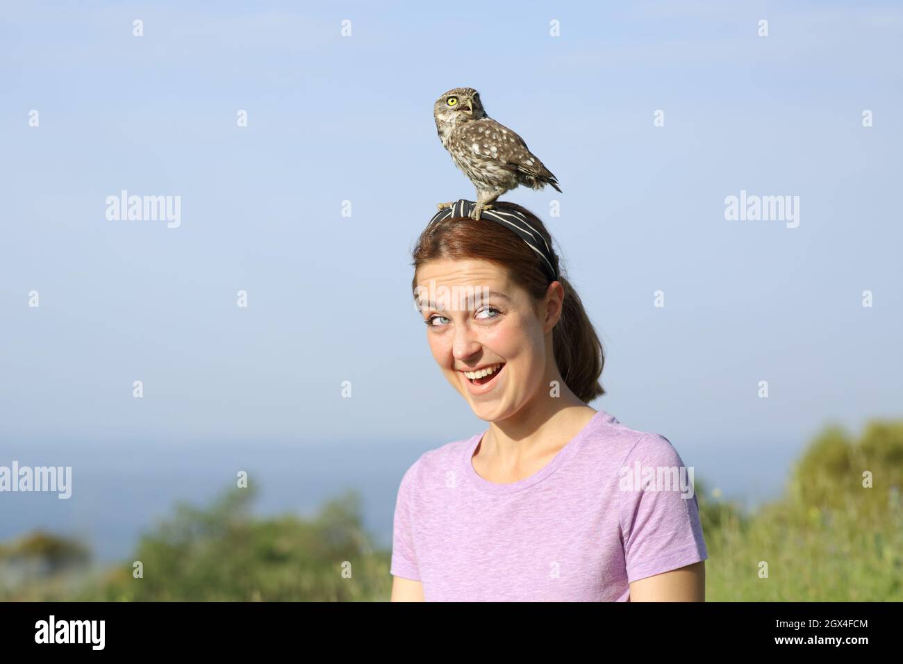 Surprised woman looking at a little owl perched on the head Stock Photo