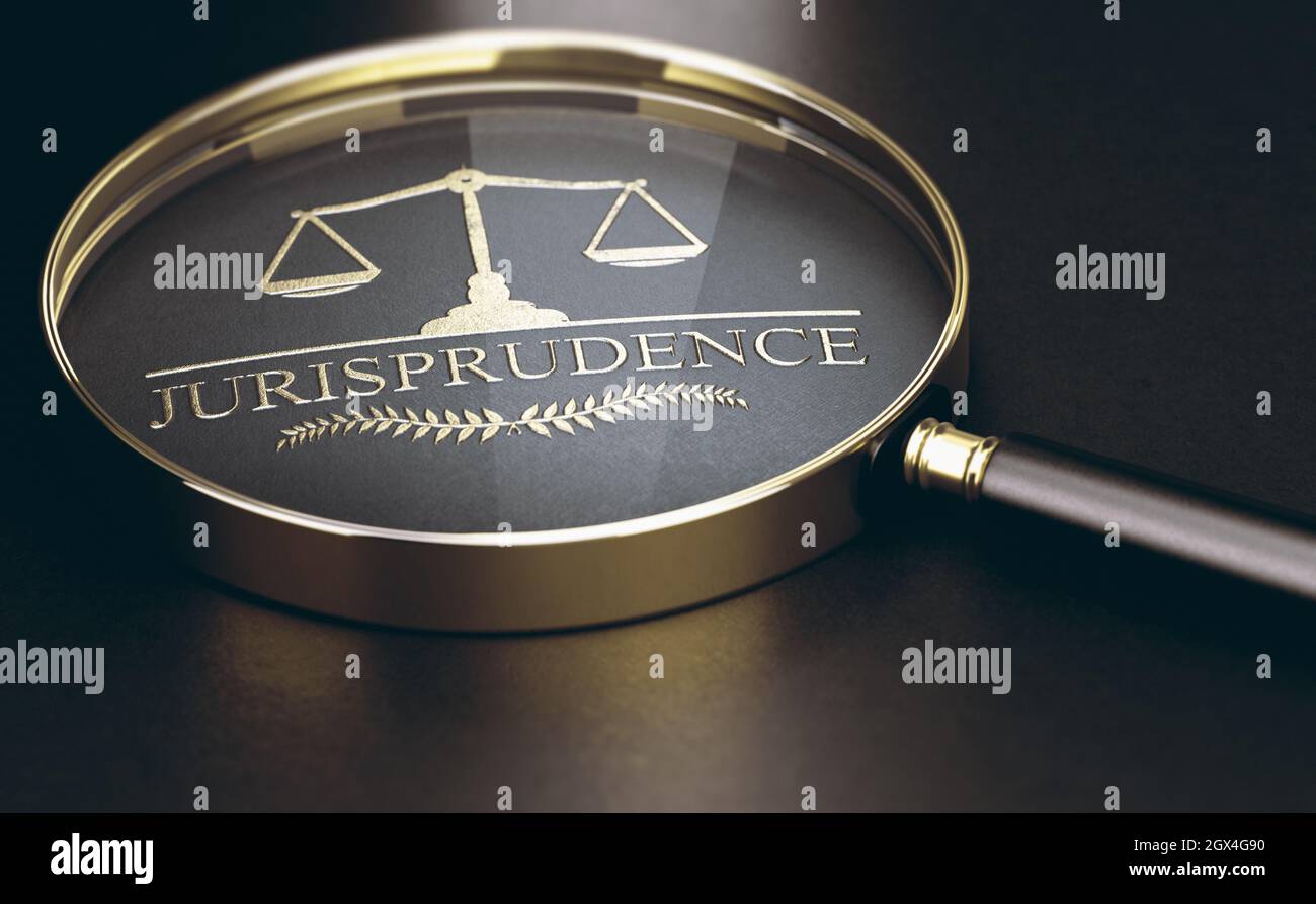 Golden jurisprudence word printed on black background with a magnifying glass covering it. Law concept. 3d illustration. Stock Photo