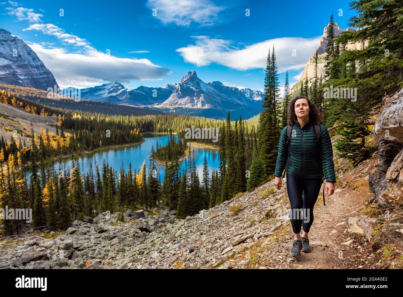 Adventurous Caucasian Woman Hiking on a Trail Stock Photo - Alamy