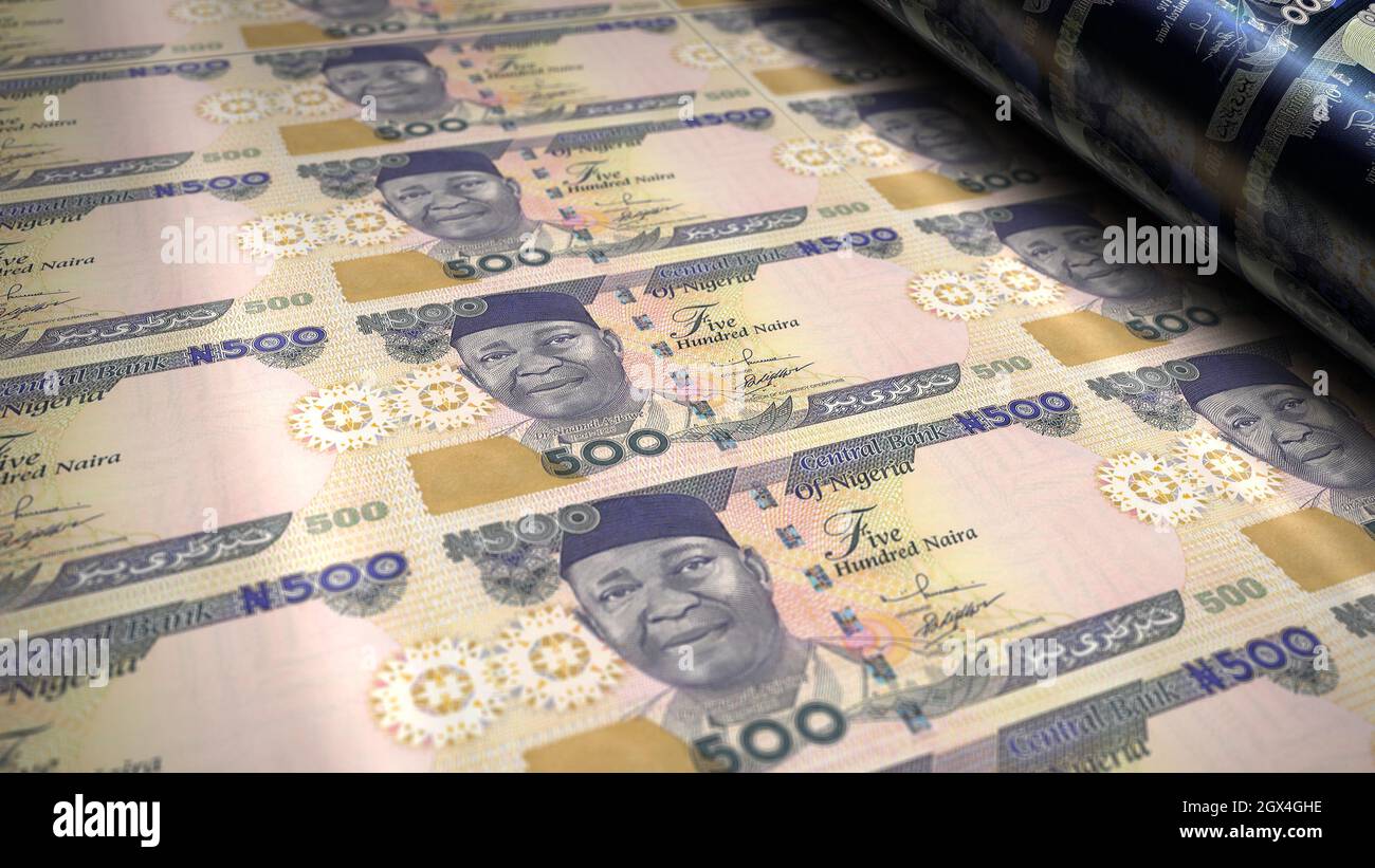 Nigerian Naira money printing 3d illustration. NGN banknote print. Concept of finance, cash, economy crisis, business success, recession, bank, tax an Stock Photo