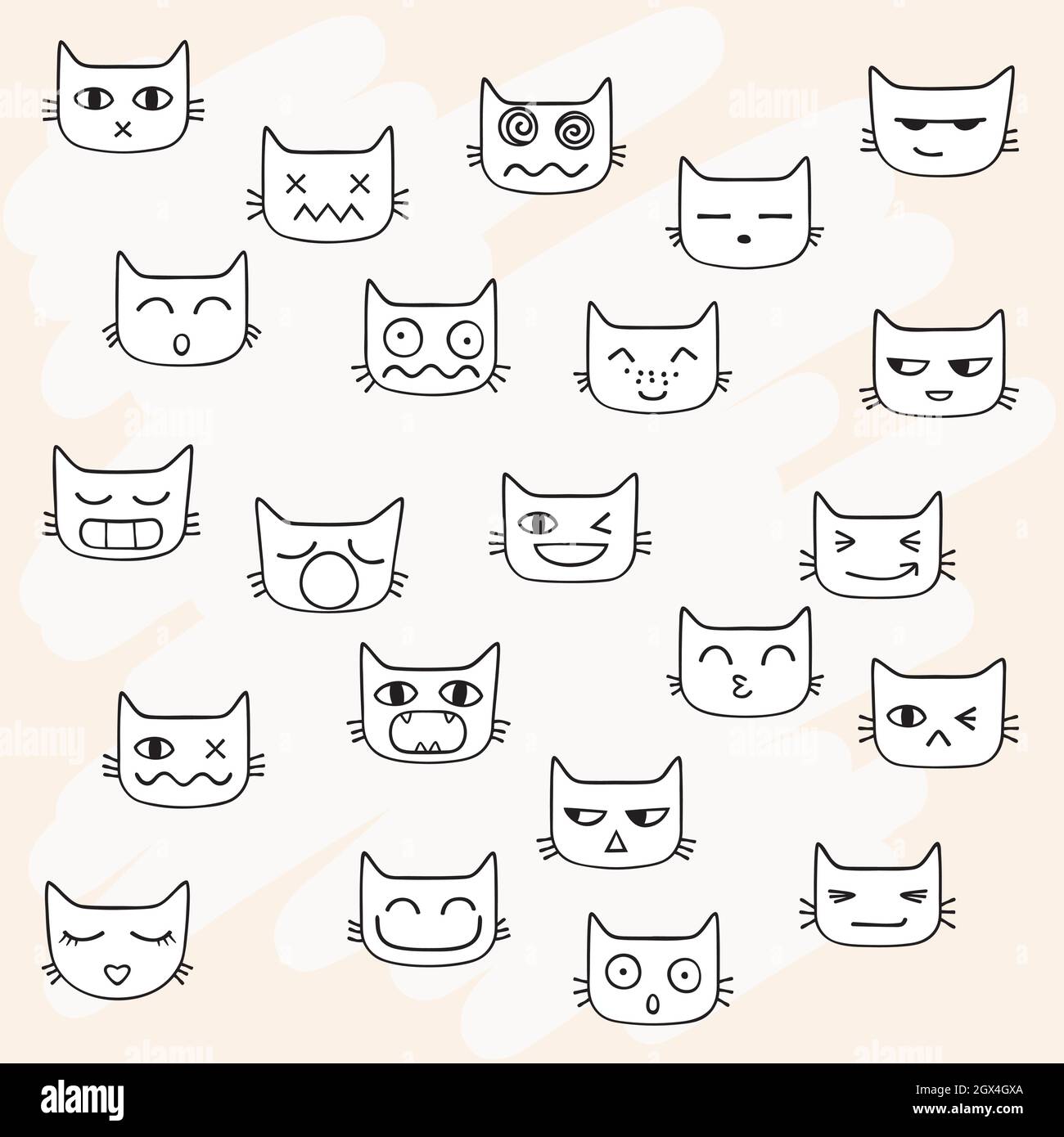 Cat faces kawaii. Hand drawn kittens emoji. Feline emotions. Black and white. Stock Vector