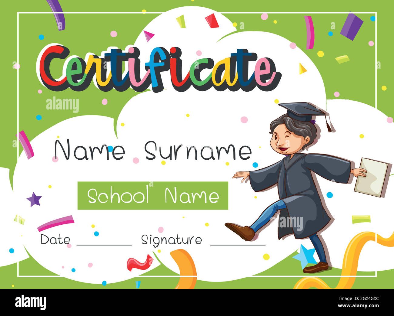Certificate template with man in graduation gown Stock Vector