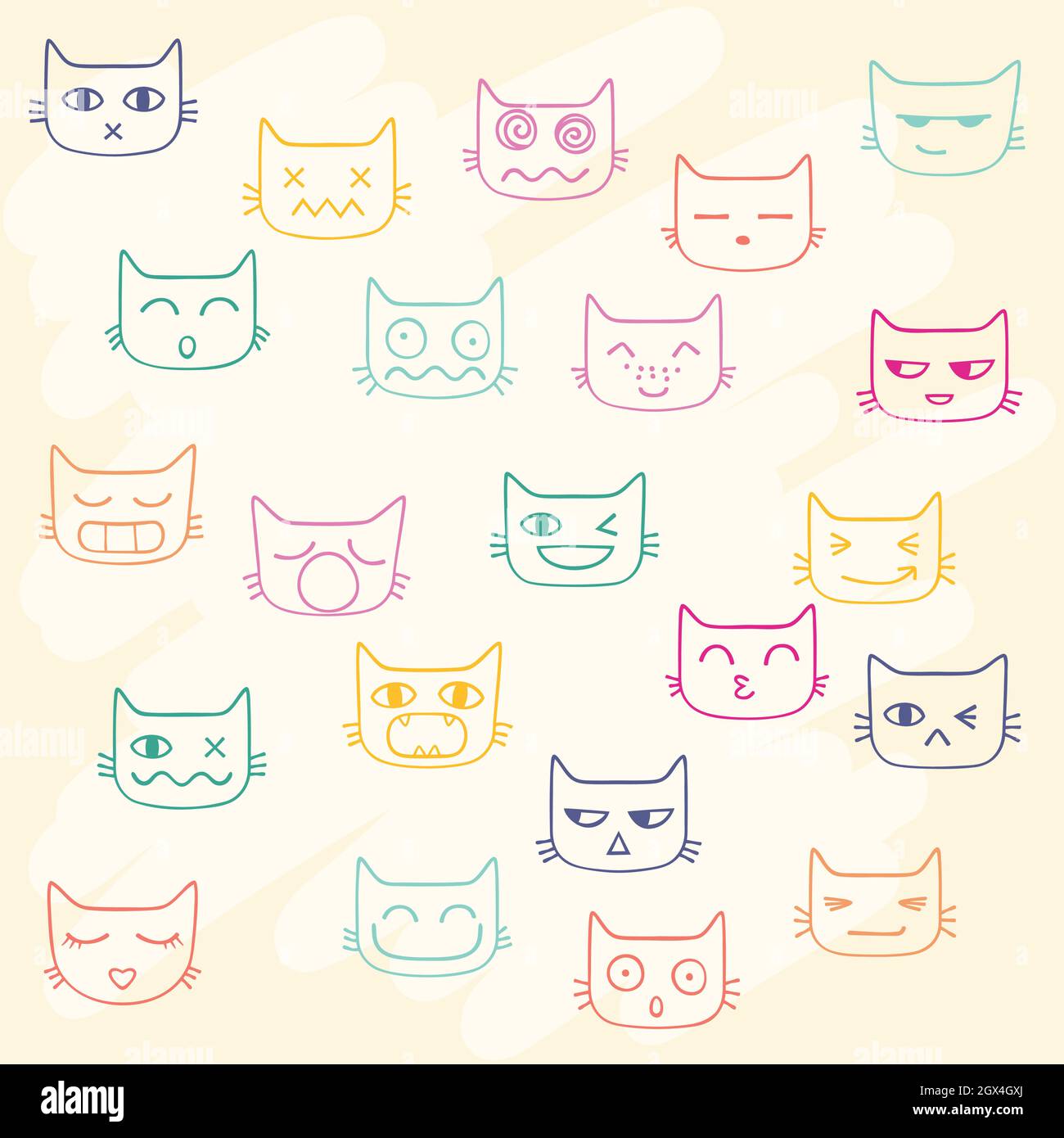 Cat faces kawaii. Hand drawn kittens emoji. Feline emotions. Colored outline. Stock Vector