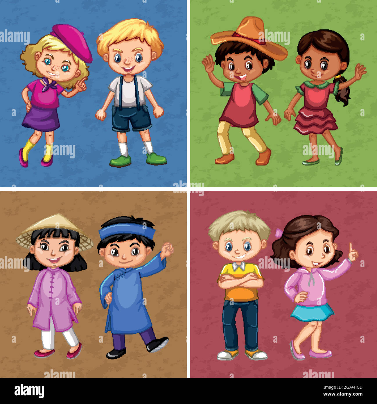 Four couple of kids in different costumes Stock Vector