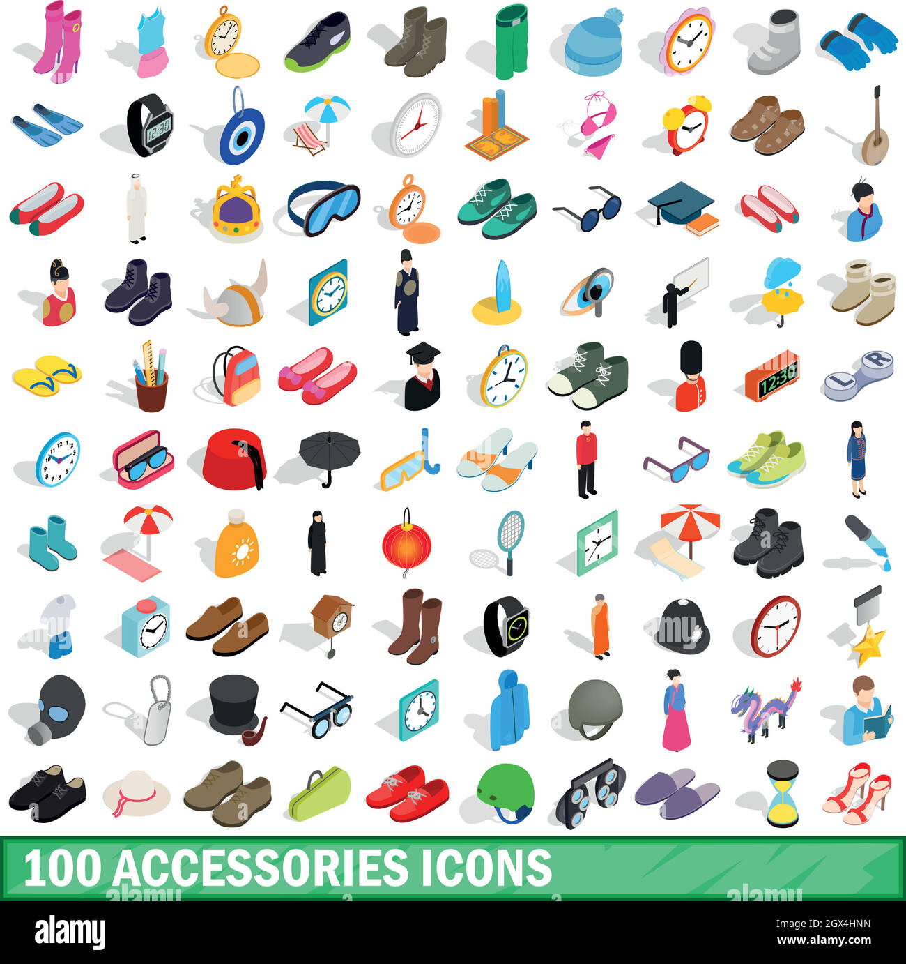 100 accessories icons set, isometric 3d style Stock Vector