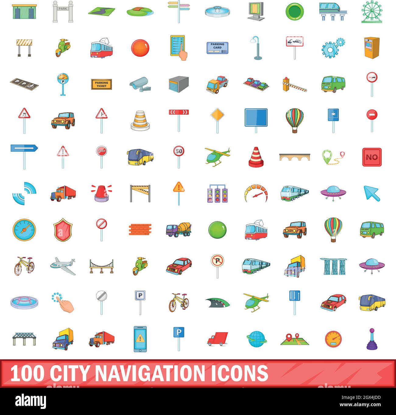 100 city icons set, cartoon style Stock Vector