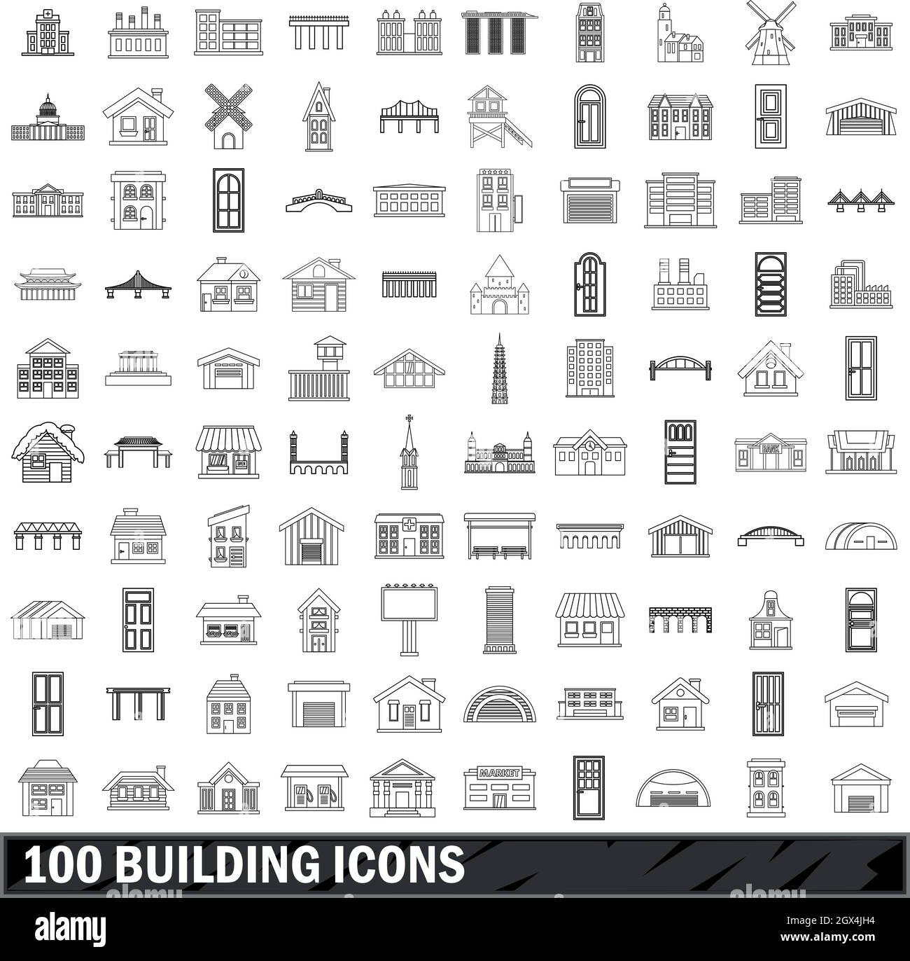 100 building icons set, outline style Stock Vector
