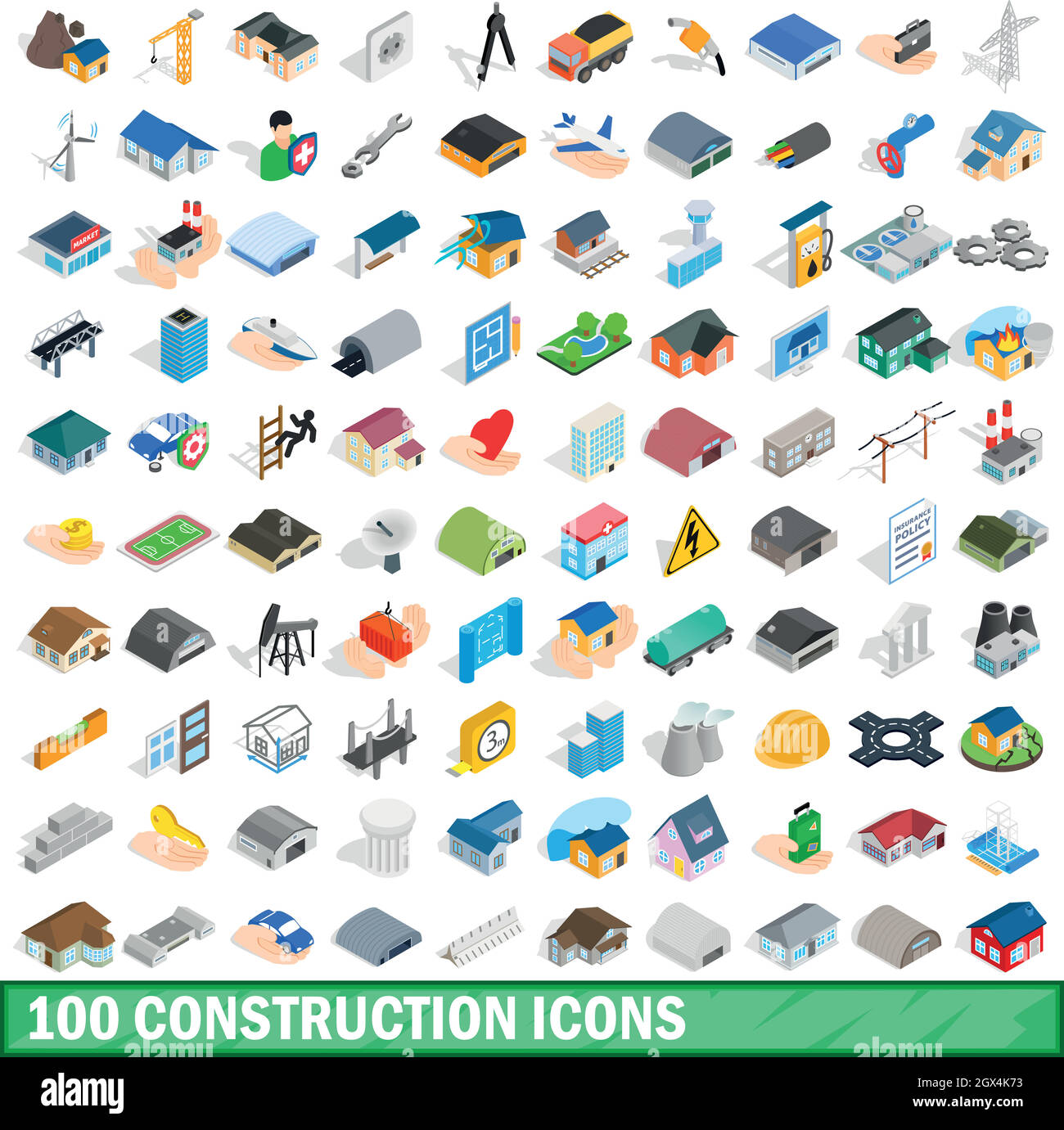 100 construction icons set, isometric 3d style Stock Vector