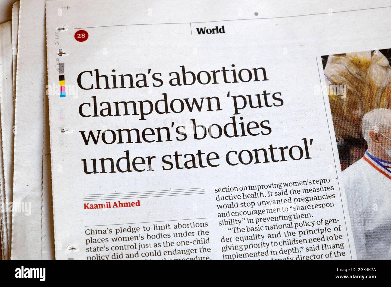 China's abortion clampdown 'puts women's bodies under state control' Guardian newspaper headline China abortion article on 27 September 2021 London UK Stock Photo