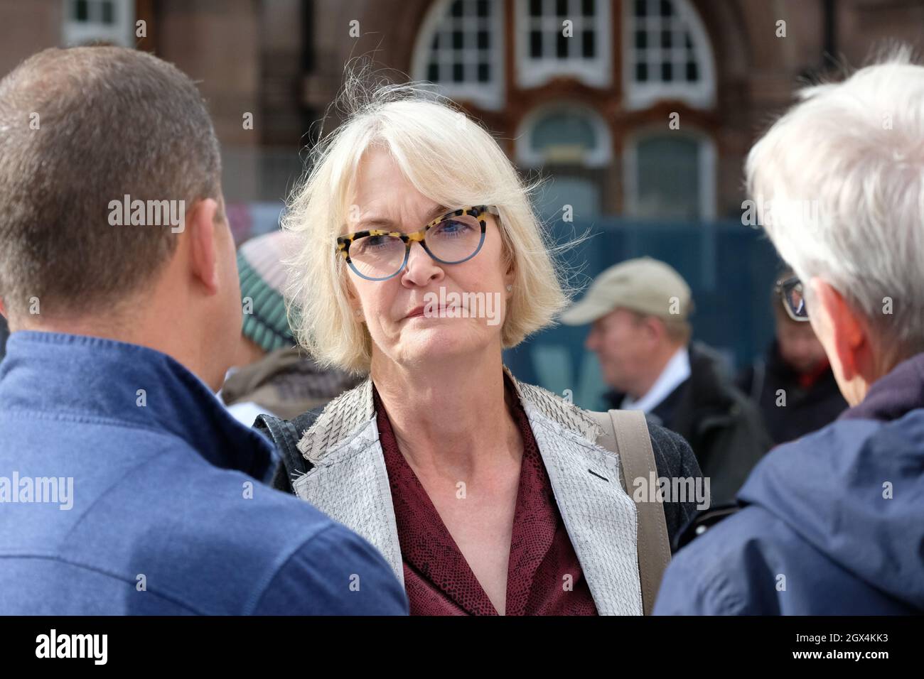 Manchester, UK – Monday 4th October 2021 – Former Conservative MP Margot James talking to pig producers outside the Conservative Party Conference in Manchester. Photo Steven May / Alamy Live News Stock Photo