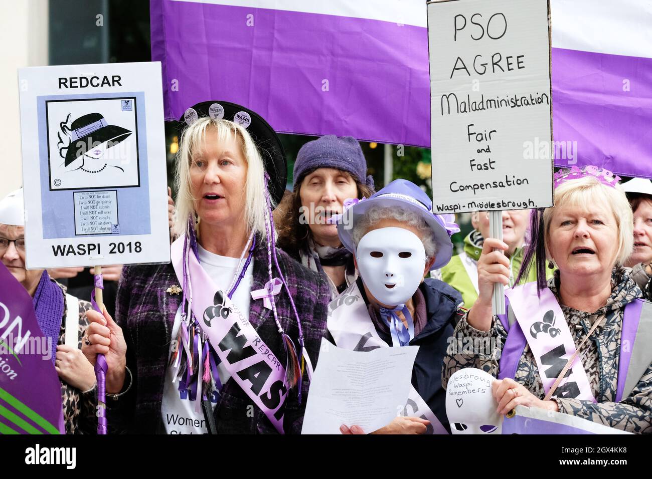 Manchester, UK – Monday 4th October 2021 – Women Against State Pension Injustice - WASPI women  protest outside the Conservative Party Conference in central Manchester against the rise in womens pension age. Photo Steven May / Alamy Live News Stock Photo