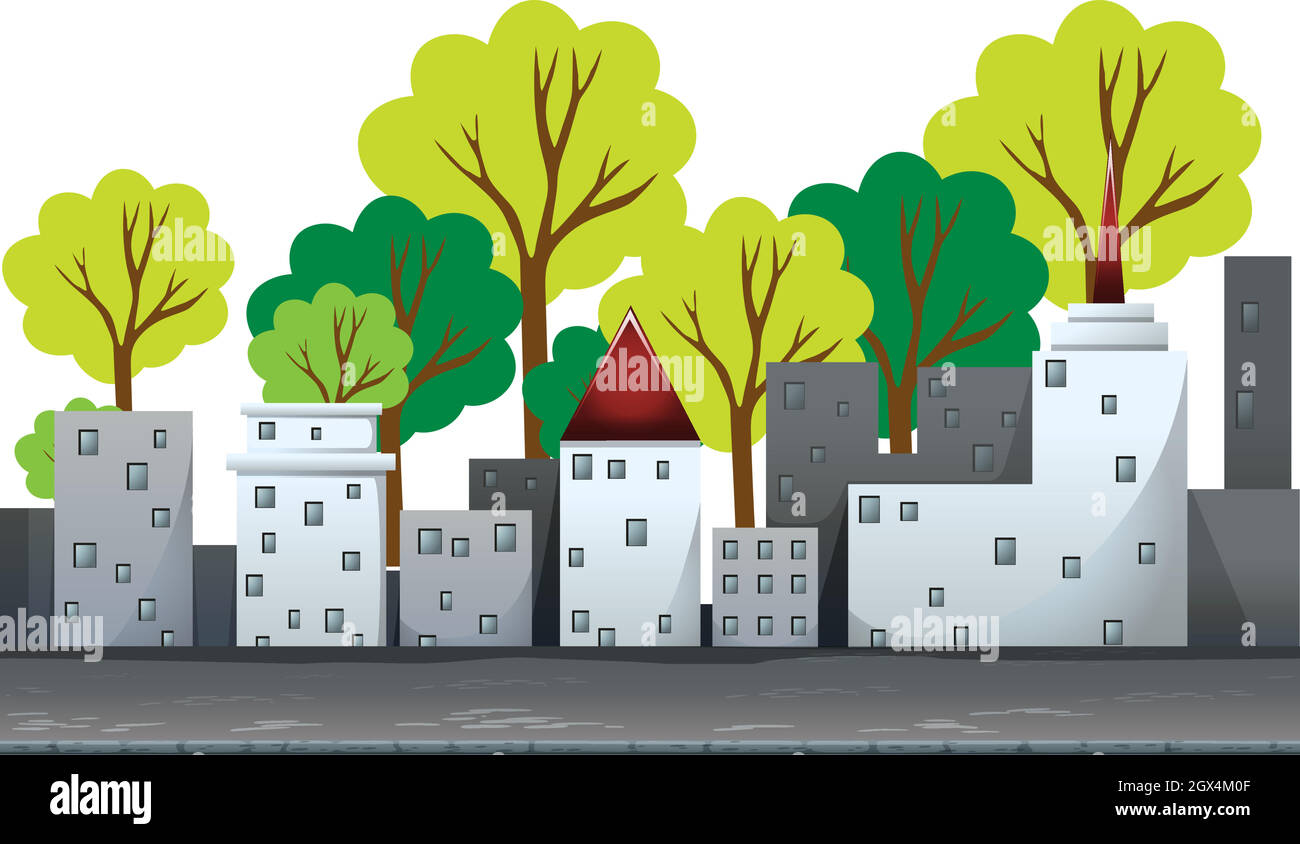Buildings and trees on the road Stock Vector