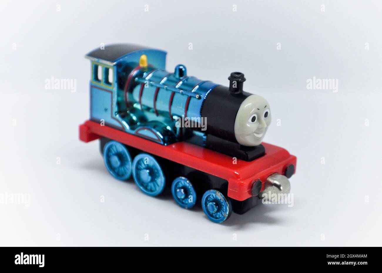 Childs toy Edward diecast engine metallic blue set against a white background Stock Photo Alamy